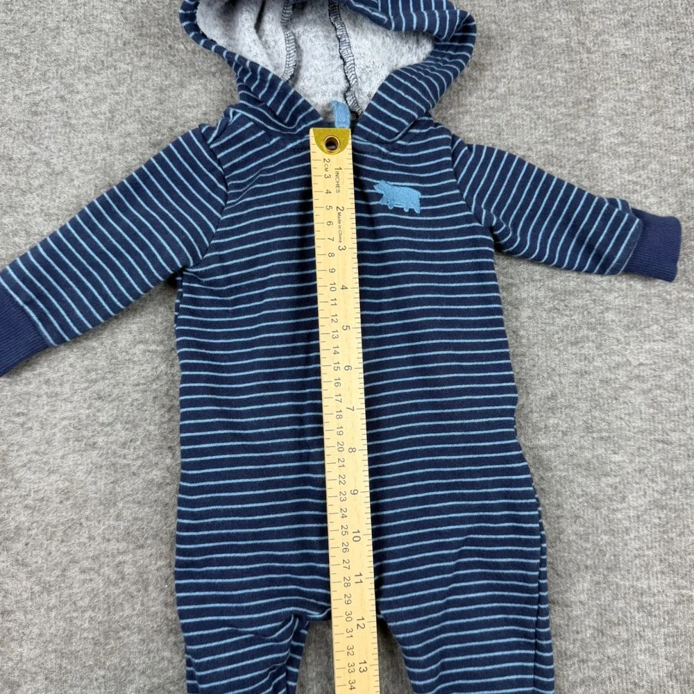 Carter's Hooded Romper Baby 3M Blue Striped Bear‎ Ears Fleece Lined Jumpsuit
